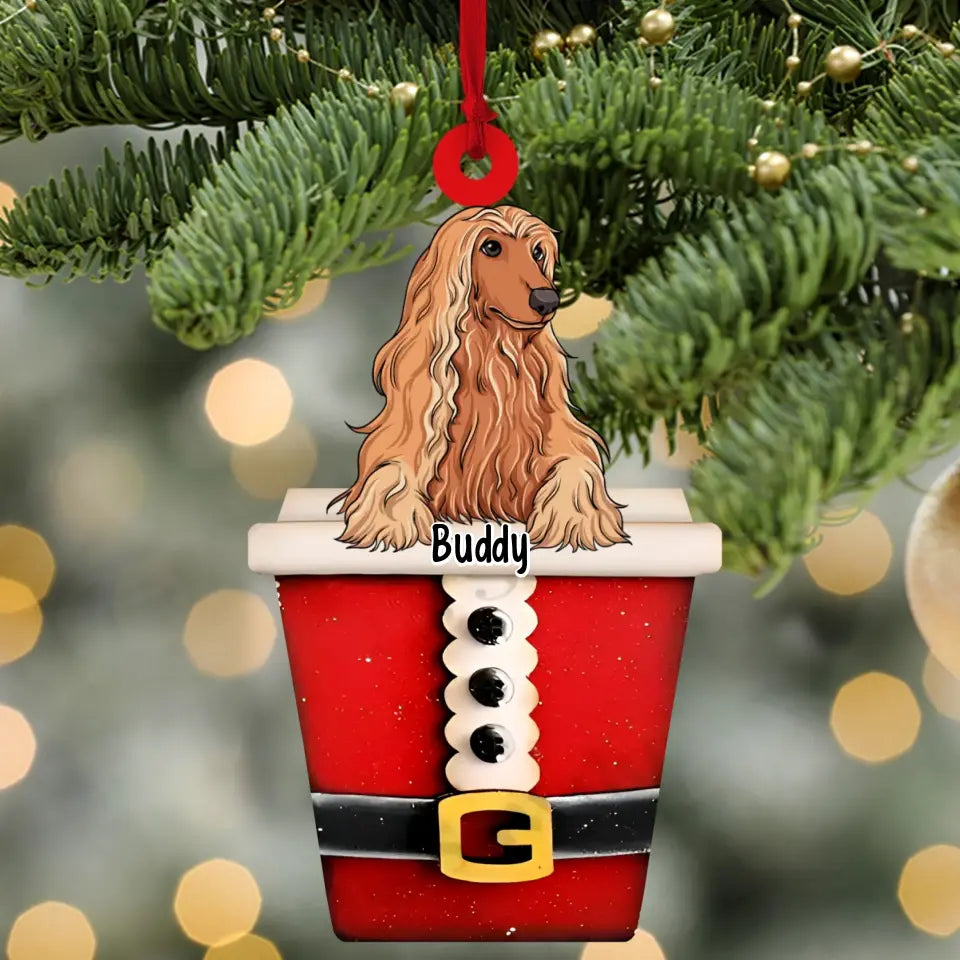 Personalized Christmas Puppy Pet In Cup Wood Custom Shape Ornament, Gift For Pet Lovers