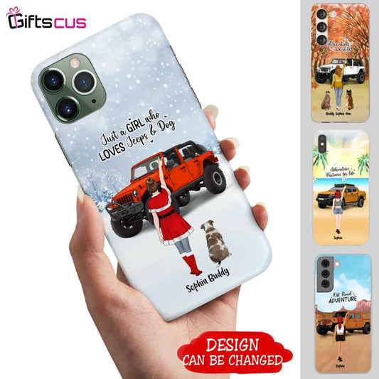 Custom Personalized Christmas Jeep Girl Phone Case - Girl With Upto 3 Dogs - Christmas Gift For Dogs Lover - Case For iPhone And Samsung