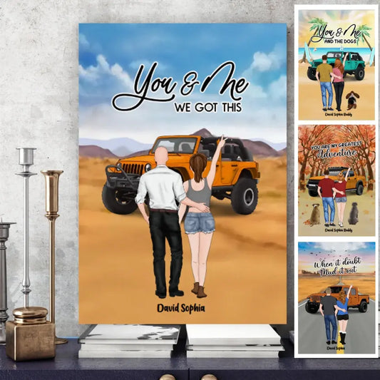 Custom Personalized Canvas  - Couple With Upto 2 Dogs- Gift Idea For Couple/ Dog Lover - Gift For Couple, Wife, Husband, Jeep Lover