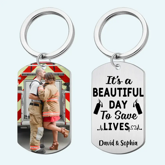 Saving Lives Together - Personalized Aluminum Keychain - Upload Image - Gifts For Firefighter Couples