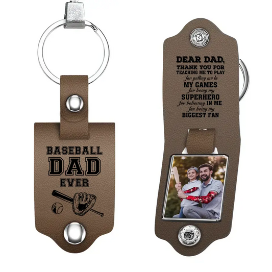 Custom Photo Dear Dad Thank You For Teaching Me - Birthday, Loving Gift For Baseball, Softball Father - Personalized Leather Photo Keychain